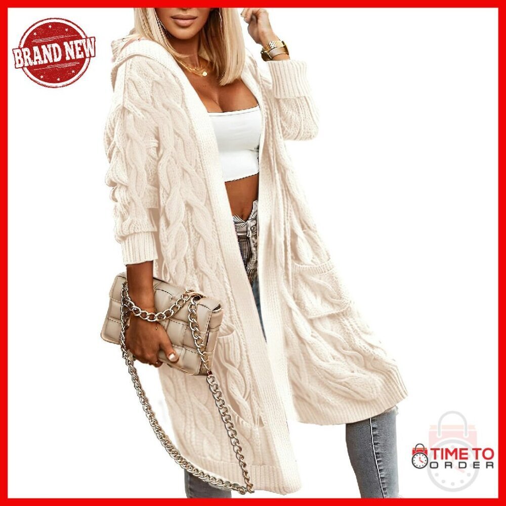 Oversized Hooded Cable Knit Cardigan Long Knee Length Women's Sweater